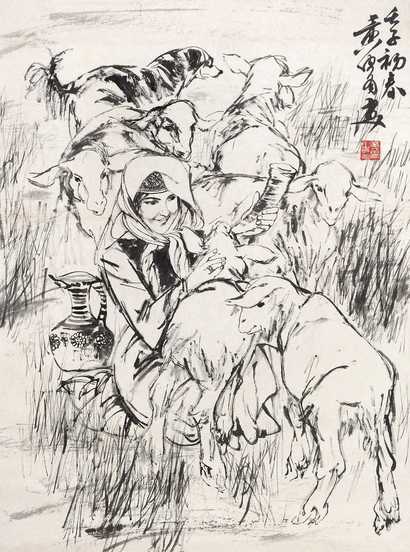 黄胄 白描人物 立轴